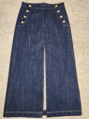 J. Crew Maxi Skirt Womens 27 Blue Sailor Denim Jean Front Slit Nautical Gold Zip